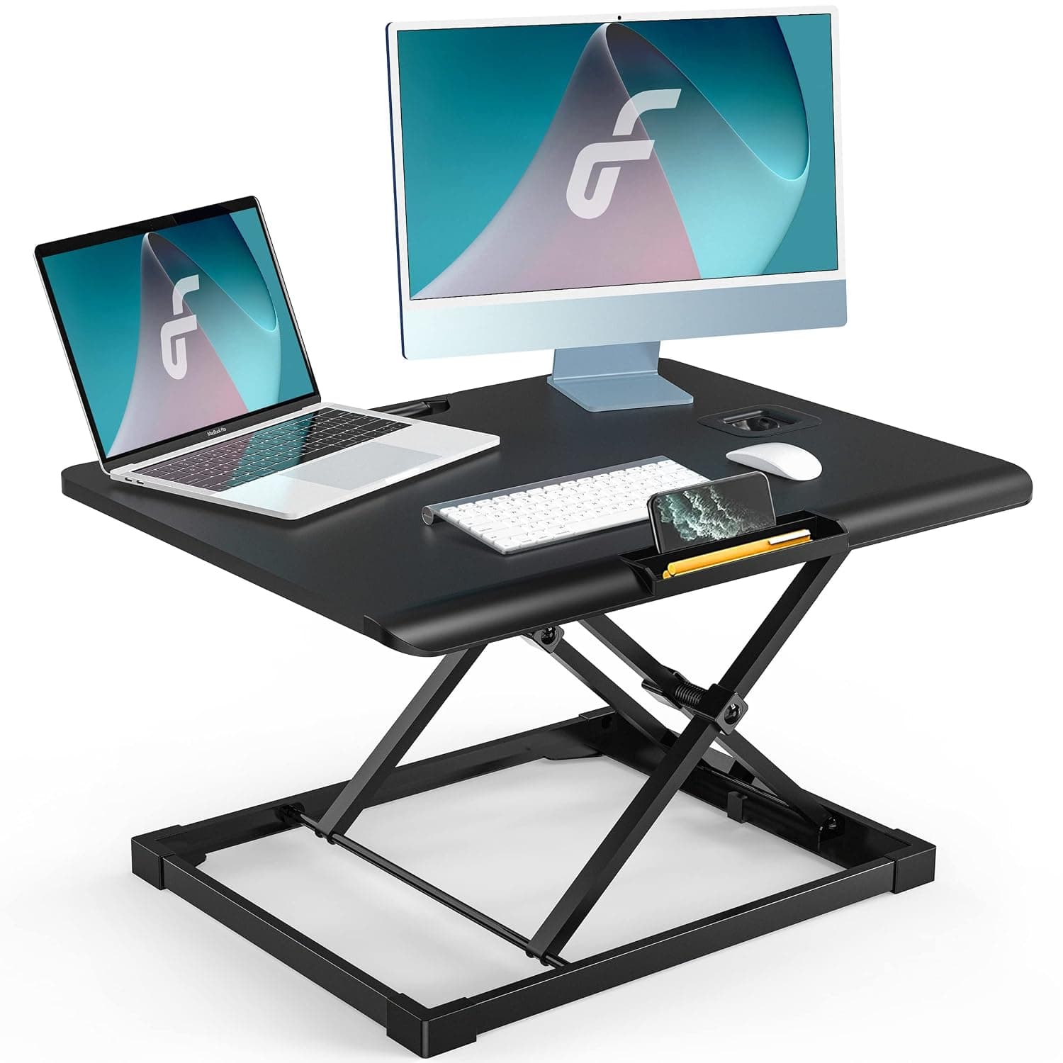 Fenge Standing Desk Converter 65×50cm Ergonomic Sit to Stand Up Desk with Phone Holder and Organizer Slot, Portable and Adjustable Computer Desk Riser