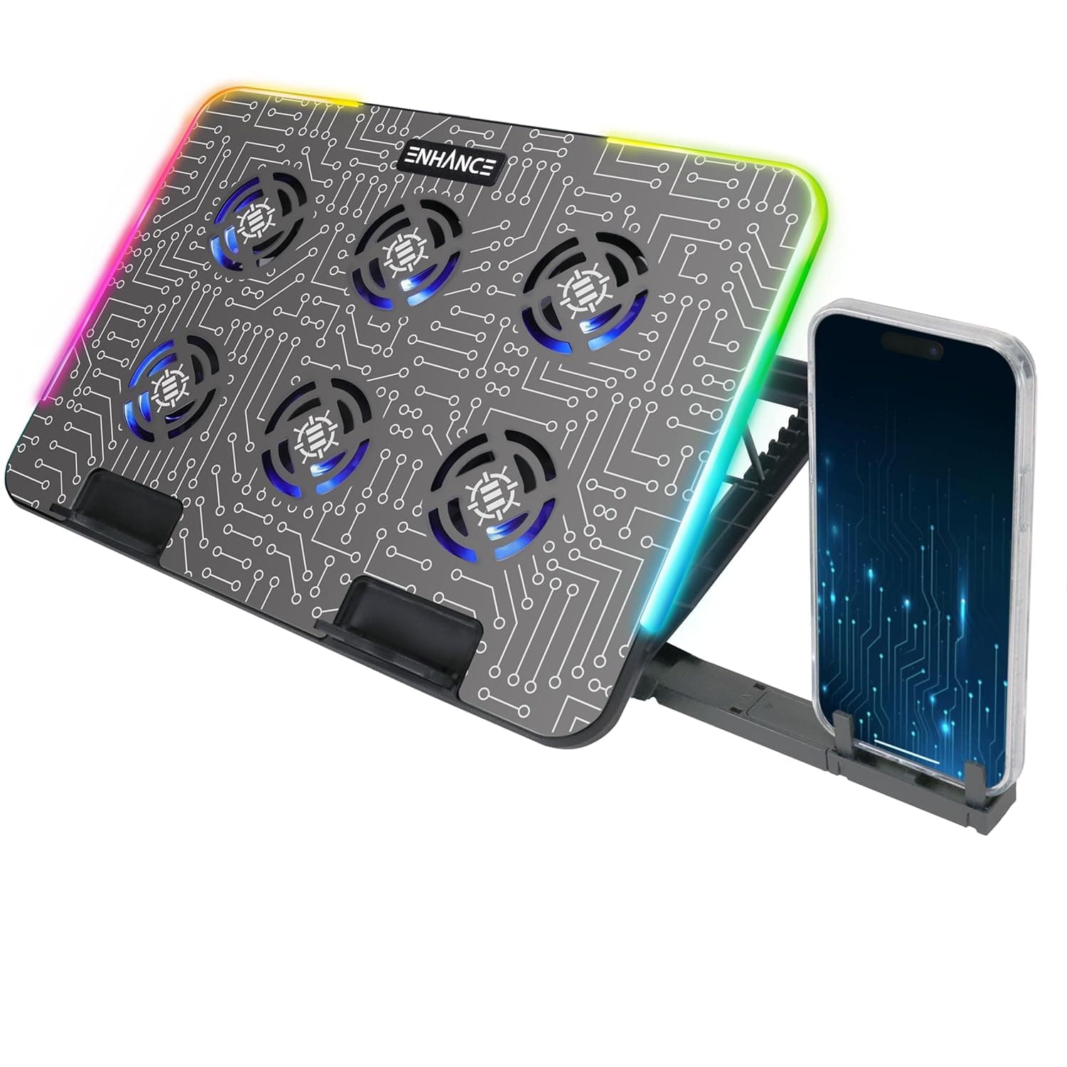 ENHANCE Gaming Voltaic 2 Laptop Cooling Stand - Laptop Cooling Pad with 6 Blue LED Fans, 7 Height Settings, RGB Lighting - Metal Top Laptop Cooler Pad with Phone Stand, 2 USB Ports for 17 inch Laptops