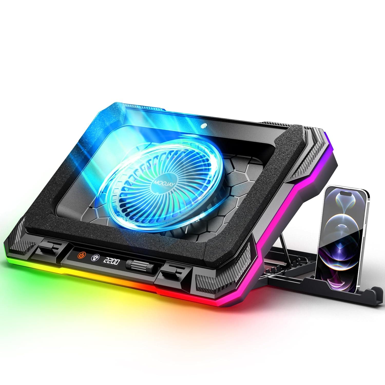 Laptop Cooling Pad Powerful Turbo Fan RGB Gaming Notebook Cooler, Moojay Laptop Fan Cooling Stand with 8 Adjustable Heights and Phone Holder, for 14-19 Inch Laptops - Blue LED Light
