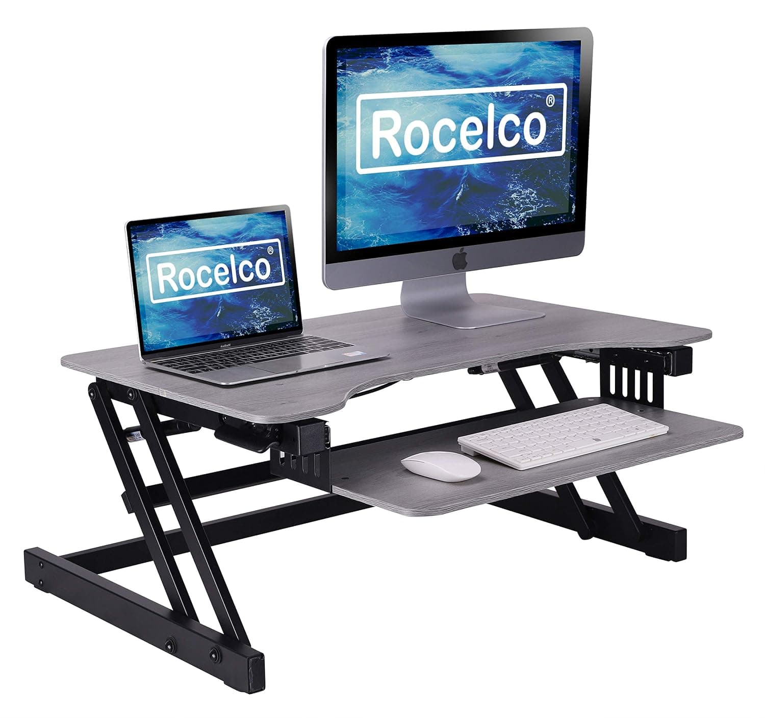Rocelco 81cm Standing Desk Converter with Retractable Keyboard Tray, Dual Gas Spring Height Adjustable Sit-Stand Workstation Riser for Two Monitors and a Laptop, Grey (R ADRG)