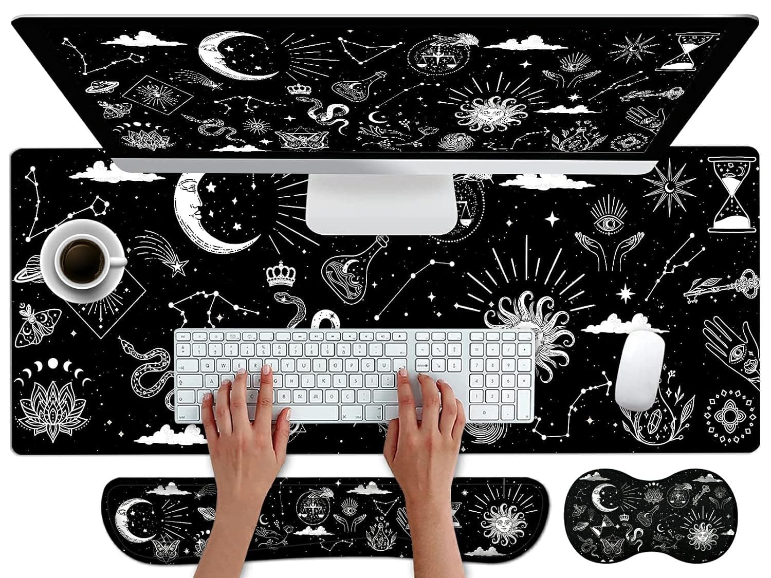EDGFRTOIO Large Gaming Mouse Pad, Keyboard Mouse Wrist Rest Support Set with Memory Foam Ergonomic Easy Typing, Extended Desk Mat Non Slip for Home Office Game and Study, Astrology Celestial Theme
