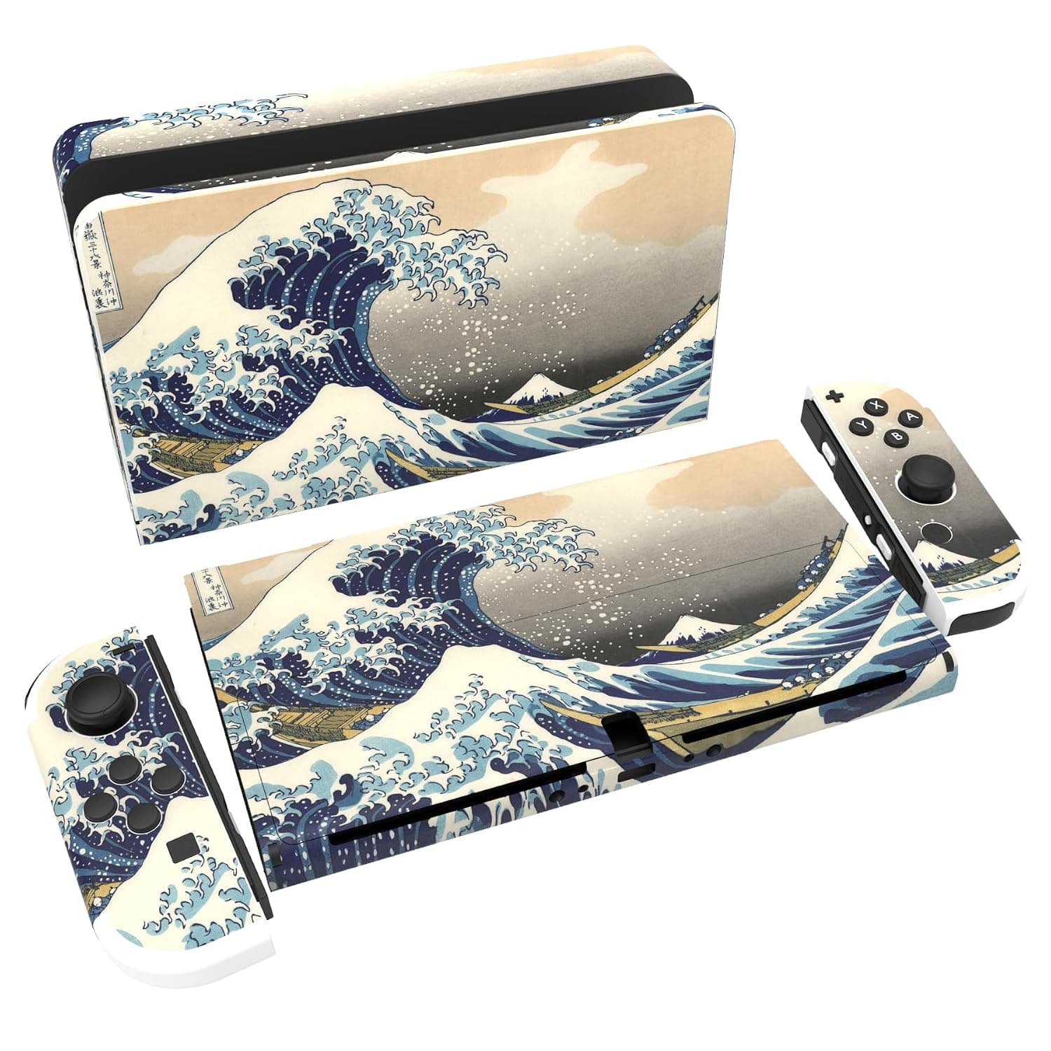 PlayVital Full Set Protective Stickers for Nintendo Switch OLED Model, Customized Vinyl Decal Skins for Switch OLED Console & Joycon & Dock & Grip - The Great Wave