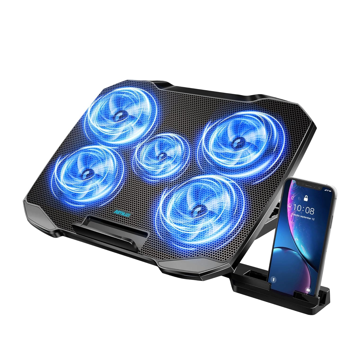 AIMIUZI Laptop Cooling Pad, Laptop Cooler for 12-15.6 Inch Notebooks, Laptop Cooling Stand with 5 Quiet Fans, 5 Height Adjustable, 2 USB Ports, Phone Stand (Black)