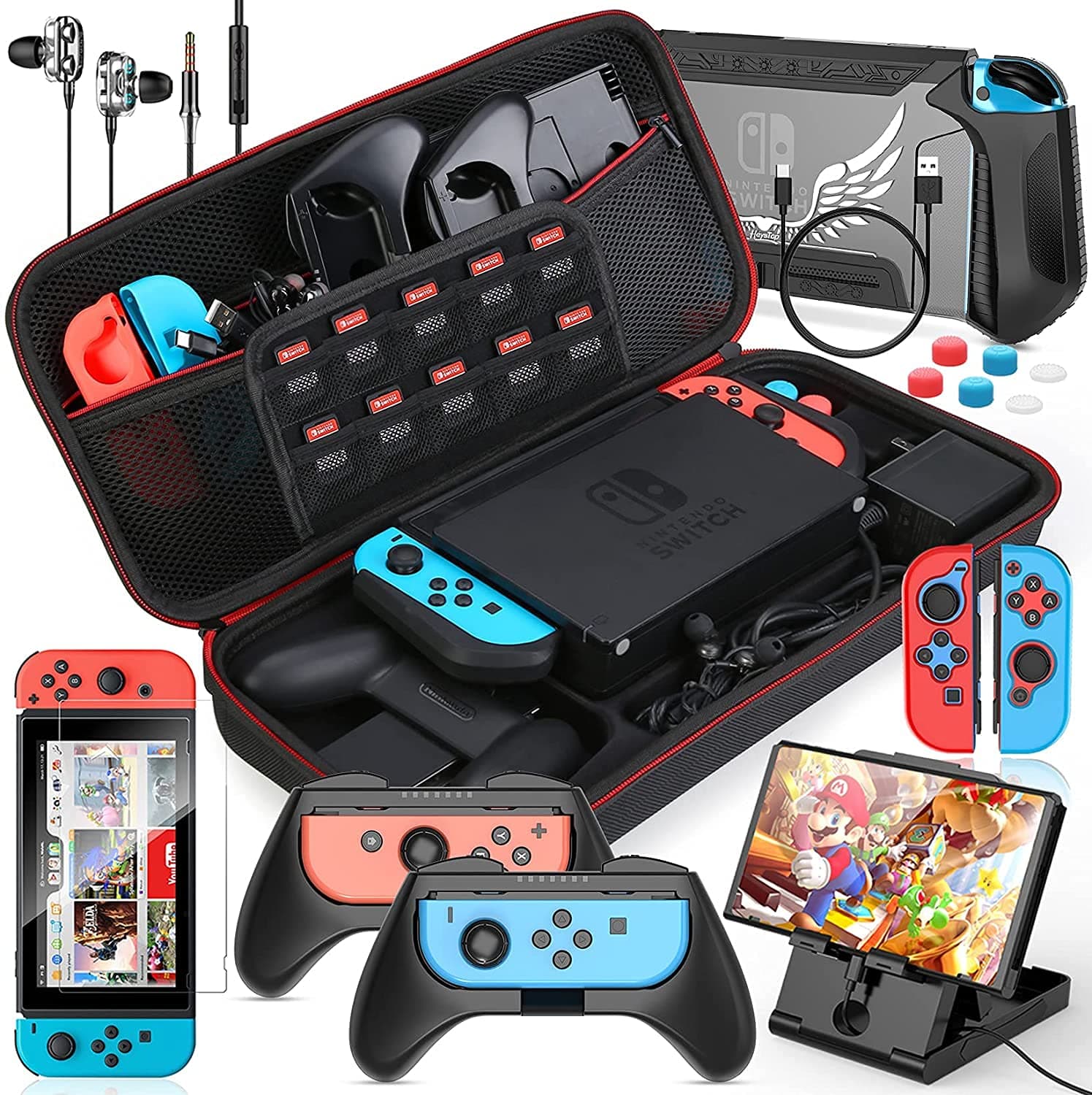 HEYSTOP Case and Accessories Kit for Nintendo Switch, 16 in 1 Switch Carry Case, PlayStand, Joycon Grip, Screen Protector, Protective Case Cover, Joycon Cover, Thumb Grips, Charger Cable and Earphone