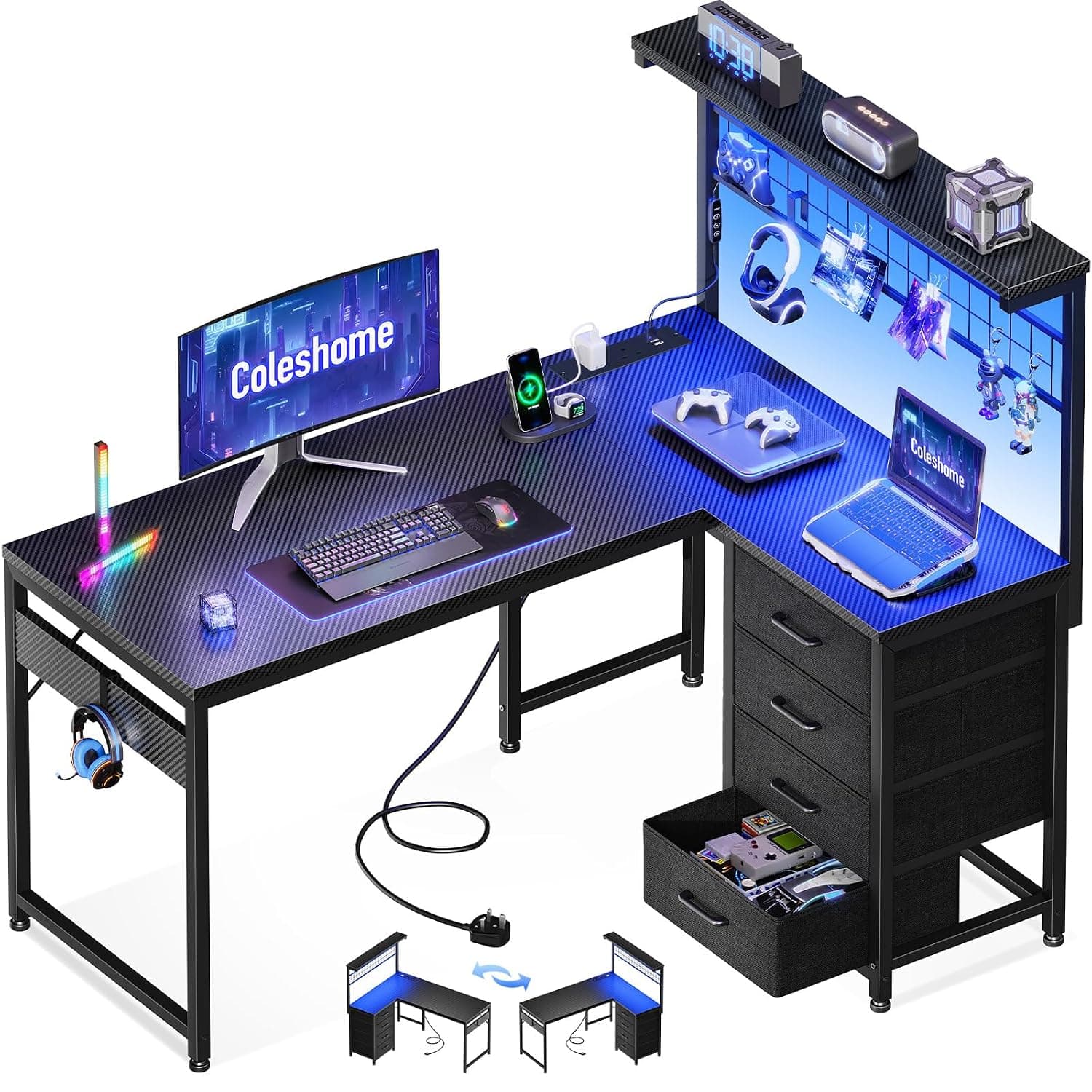 Coleshome L Shaped Gaming Desk with Drawers & Shelf, 110 × 80 cm | Reversible Corner Computer Desk with LED Lights & Power Outlets, Gaming Table with Hook, Carbon Fiber Black